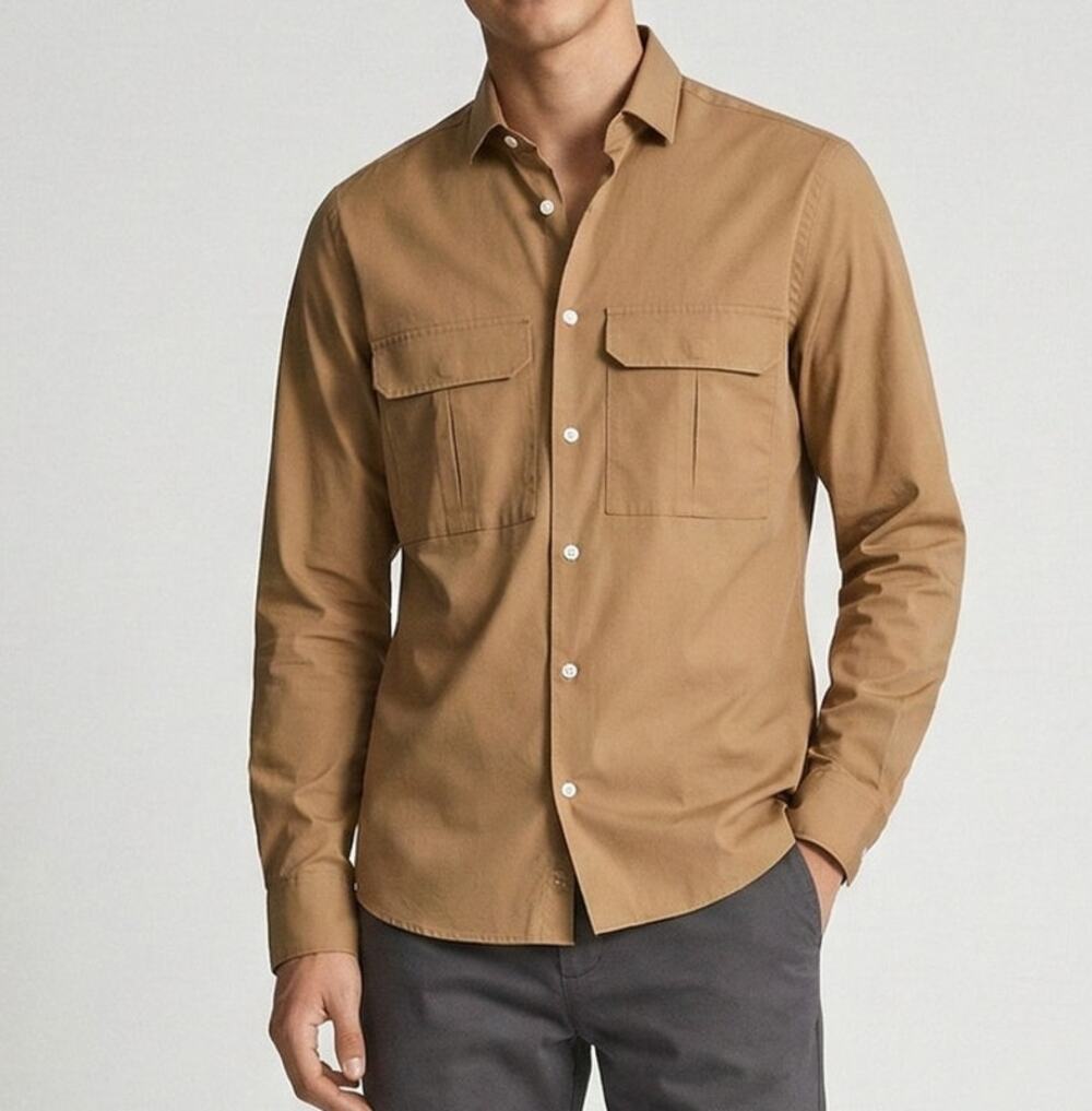 Zara Traveler Button Down Shirt Small Tan Wrinkle Recovery Stretch Travel